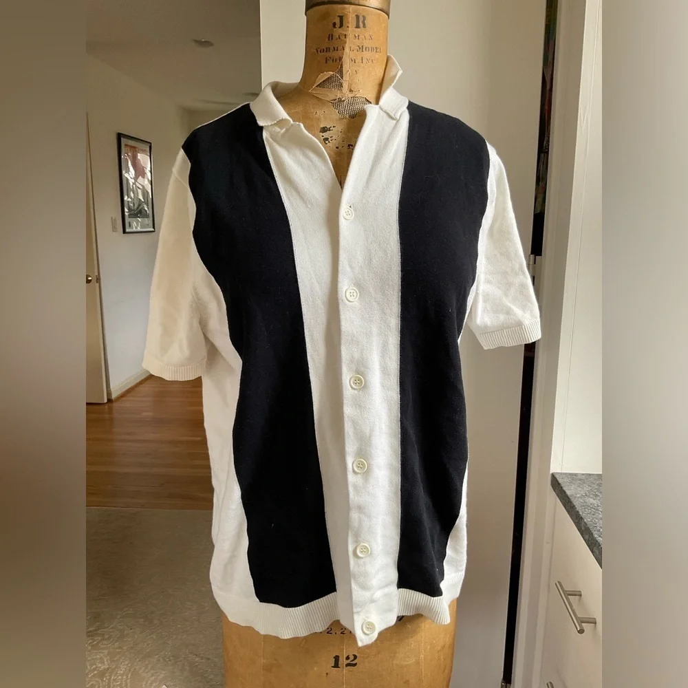 Topman Retro Camp Collar Knit Polo Cardigan, Black/Ivory, XL, MSRP $89 🖤🤍🖤🤍